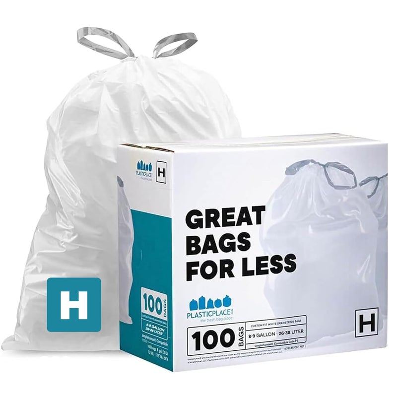 Plasticplace Trash Bags, Compatible with Simplehuman Code H, 8-9 Gallon Trash Can Liners, White Drawstring Garbage Bags, 100 Count Heavy Duty - Image 1